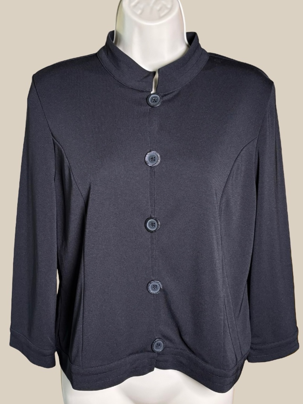 Sigrid Olsen Cardigan Jacket Black Button Front Travel Knit Mock Neck Lagenlook